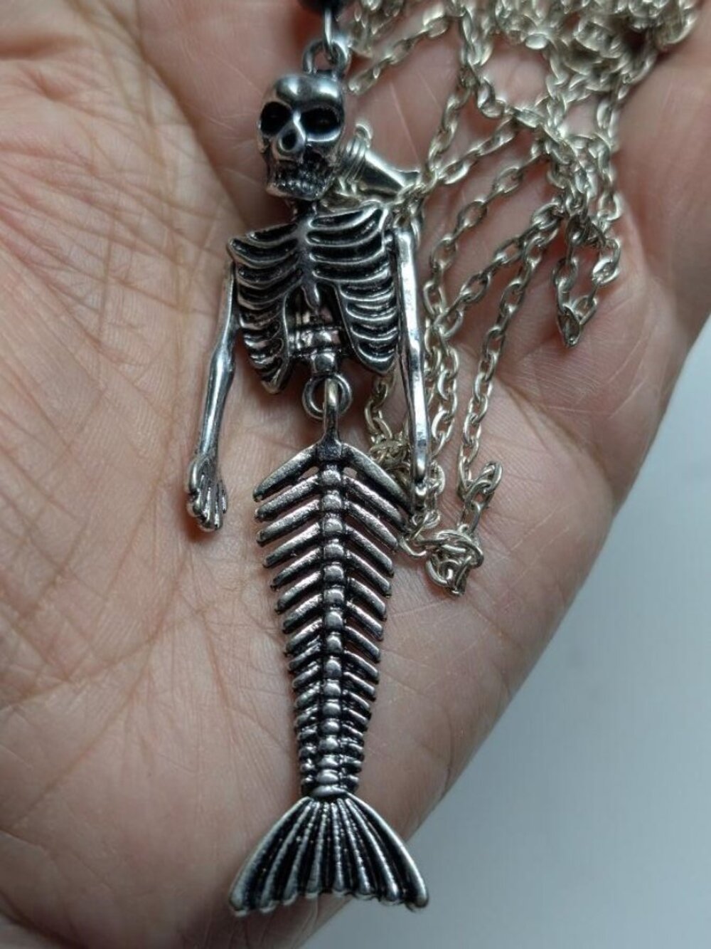 Large Silver Tone Vtg Halloween Articulated Skeleton Mermaid Pendant Necklace